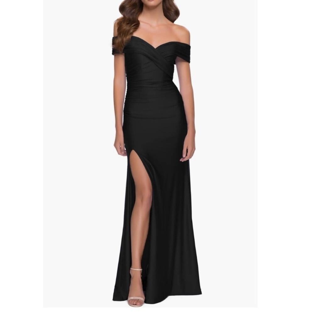 La Femme Black Off-Shoulder Maxi Dress with Thigh Slit